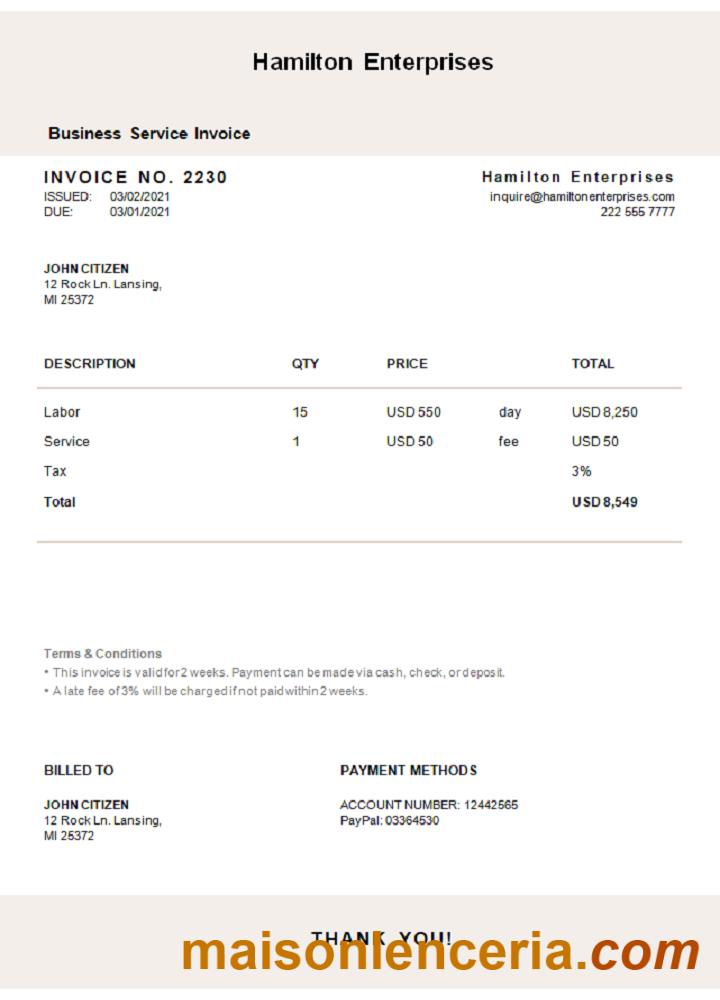 USA Hamilton Enterprises faktura słowo i szablon PDF